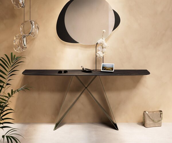 DELIFE Konzolový stůl Edge oválný tvar 180×40 cm keramika Laminam® Noir Desir hnědá Velio kov titanová barva