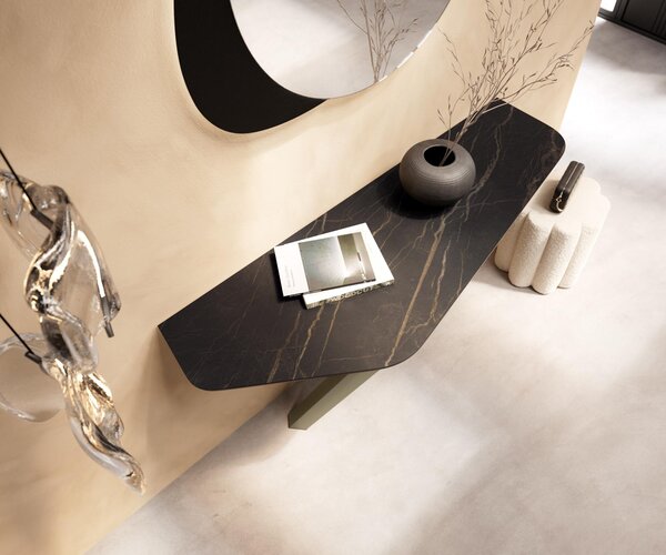 DELIFE Konzolový stůl Edge polygonální 140×50 cm keramika Laminam® Noir Desir hnědá Zentharo kov titanová barva