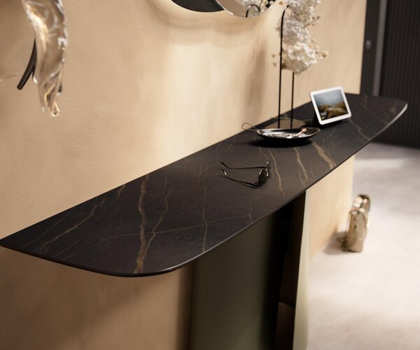 DELIFE Konzolový stůl Edge oválný tvar 180×40 cm keramika Laminam® Noir Desir hnědá Livos kov titanová barva