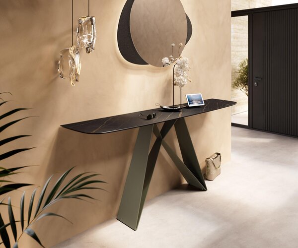 DELIFE Konzolový stůl Edge oválný tvar 180×40 cm keramika Laminam® Noir Desir hnědá Velio kov titanová barva
