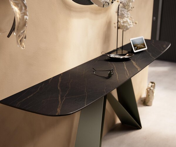 DELIFE Konzolový stůl Edge oválný tvar 180×40 cm keramika Laminam® Noir Desir hnědá Velio kov titanová barva