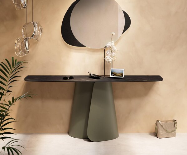 DELIFE Konzolový stůl Edge oválný tvar 180×40 cm keramika Laminam® Noir Desir hnědá Livos kov titanová barva