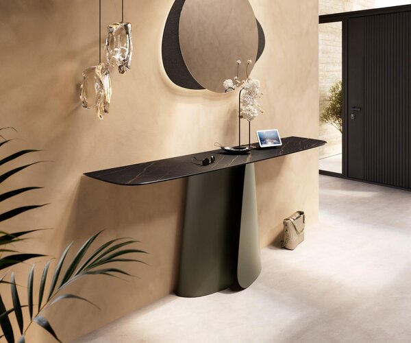 DELIFE Konzolový stůl Edge oválný tvar 180×40 cm keramika Laminam® Noir Desir hnědá Livos kov titanová barva