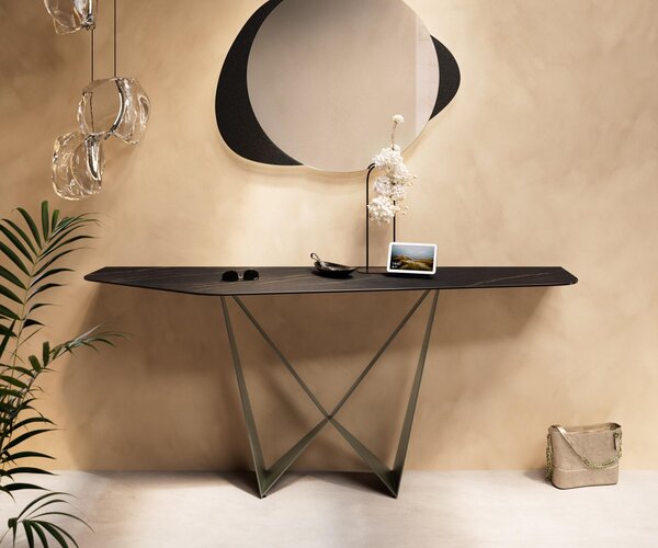 DELIFE Konzolový stůl Edge polygonální 180×50 cm keramika Laminam® Noir Desir hnědá Spios kov titanová barva