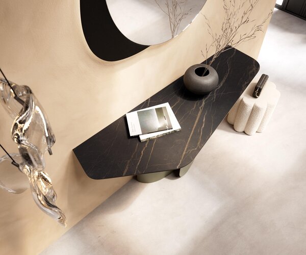 DELIFE Konzolový stůl Edge polygonální 140×50 cm keramika Laminam® Noir Desir hnědá Livos kov titanová barva