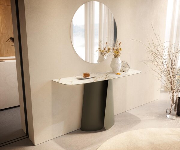 DELIFE Konzolový stůl Edge oválný tvar 140×40 cm keramika Calacatta Luxe bílá zlatá šedá Livos kov titanová barva