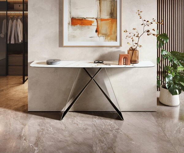 DELIFE Konzolový stůl Edge oválný tvar 180×40 cm keramika Calacatta Luxe bílá zlatá šedá Velio kov titanová barva