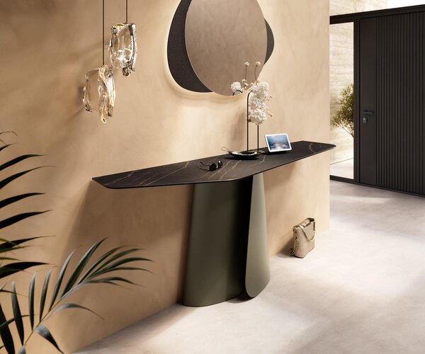 DELIFE Konzolový stůl Edge polygonální 180×50 cm keramika Laminam® Noir Desir hnědá Livos kov titanová barva