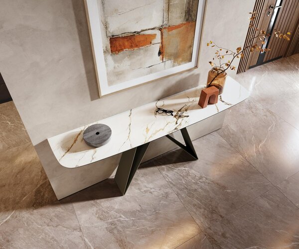 DELIFE Konzolový stůl Edge oválný tvar 180×40 cm keramika Calacatta Luxe bílá zlatá šedá Velio kov titanová barva