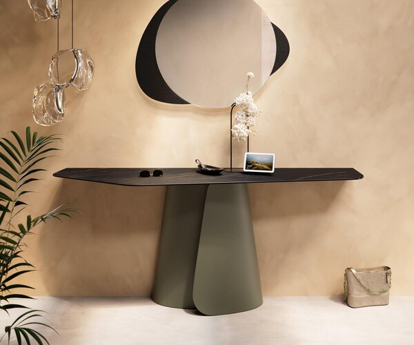 DELIFE Konzolový stůl Edge polygonální 180×50 cm keramika Laminam® Noir Desir hnědá Livos kov titanová barva