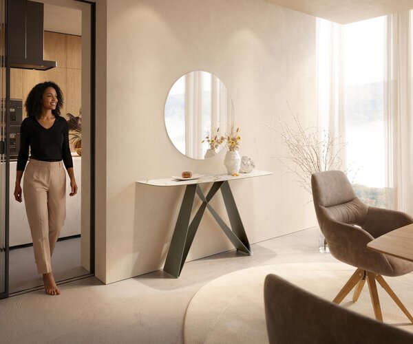 DELIFE Konzolový stůl Edge oválný tvar 140×40 cm keramika Calacatta Luxe bílá zlatá šedá Velio kov titanová barva