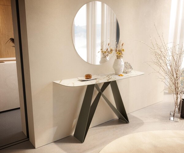 DELIFE Konzolový stůl Edge oválný tvar 140×40 cm keramika Calacatta Luxe bílá zlatá šedá Velio kov titanová barva
