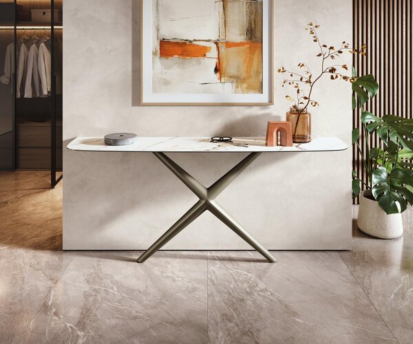 DELIFE Konzolový stůl Edge oválný tvar 180×40 cm keramika Calacatta Luxe bílá zlatá šedá Estelo kov titanová barva