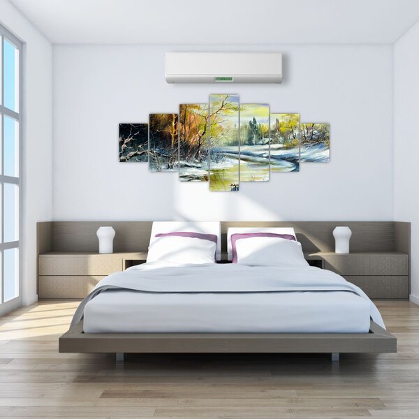 Obraz zimní řeky, olejomalba (210x100 cm)