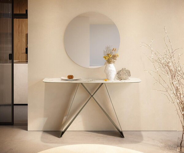 DELIFE Konzolový stůl Edge oválný tvar 140×40 cm keramika Calacatta Luxe bílá zlatá šedá Velio kov titanová barva