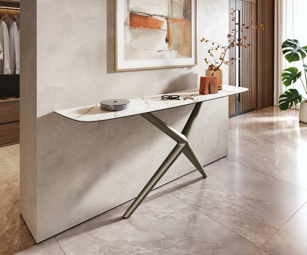 DELIFE Konzolový stůl Edge oválný tvar 180×40 cm keramika Calacatta Luxe bílá zlatá šedá Estelo kov titanová barva