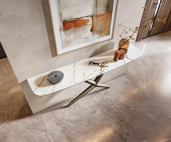 DELIFE Konzolový stůl Edge oválný tvar 180×40 cm keramika Calacatta Luxe bílá zlatá šedá Estelo kov titanová barva