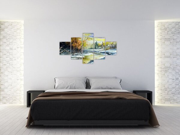 Obraz zimní řeky, olejomalba (125x70 cm)