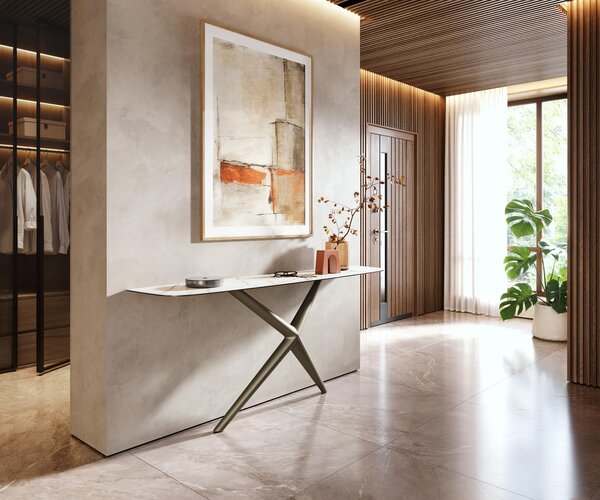 DELIFE Konzolový stůl Edge oválný tvar 180×40 cm keramika Calacatta Luxe bílá zlatá šedá Estelo kov titanová barva