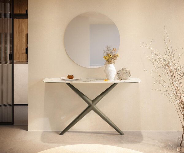 DELIFE Konzolový stůl Edge oválný tvar 140×40 cm keramika Calacatta Luxe bílá zlatá šedá Estelo kov titanová barva