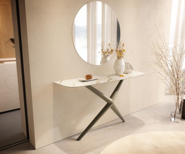 DELIFE Konzolový stůl Edge oválný tvar 140×40 cm keramika Calacatta Luxe bílá zlatá šedá Estelo kov titanová barva