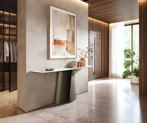 DELIFE Konzolový stůl Edge oválný tvar 180×40 cm keramika Calacatta Luxe bílá zlatá šedá Livos kov titanová barva