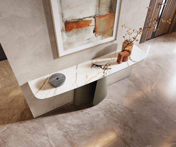 DELIFE Konzolový stůl Edge oválný tvar 180×40 cm keramika Calacatta Luxe bílá zlatá šedá Livos kov titanová barva