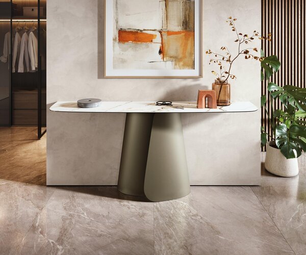 DELIFE Konzolový stůl Edge oválný tvar 180×40 cm keramika Calacatta Luxe bílá zlatá šedá Livos kov titanová barva