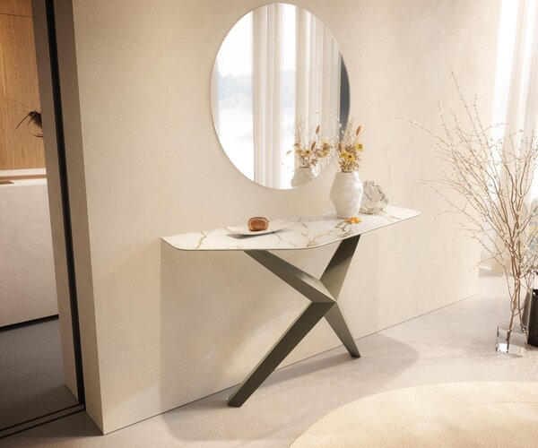 DELIFE Konzolový stůl Edge polygonální 140×50 cm keramika Calacatta Luxe bílá zlatá šedá Zentharo kov titanová barva