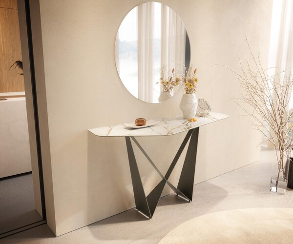 DELIFE Konzolový stůl Edge polygonální 140×50 cm keramika Calacatta Luxe bílá zlatá šedá Spios kov titanová barva
