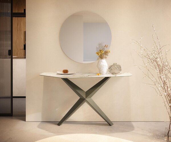 DELIFE Konzolový stůl Edge polygonální 140×50 cm keramika Calacatta Luxe bílá zlatá šedá Zentharo kov titanová barva