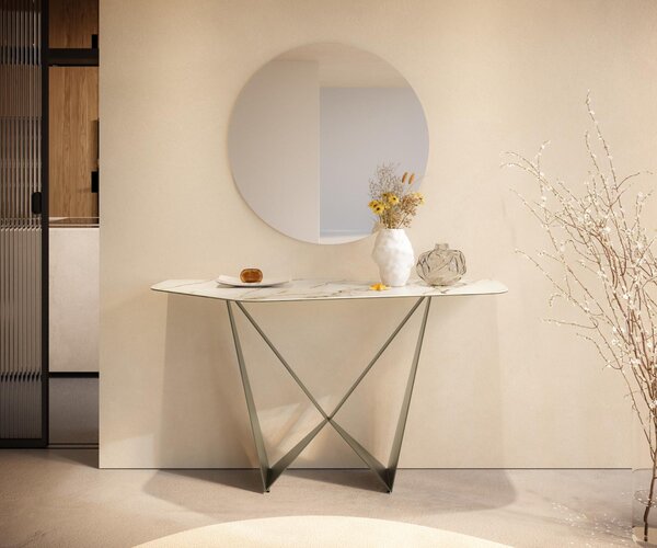 DELIFE Konzolový stůl Edge polygonální 140×50 cm keramika Calacatta Luxe bílá zlatá šedá Spios kov titanová barva