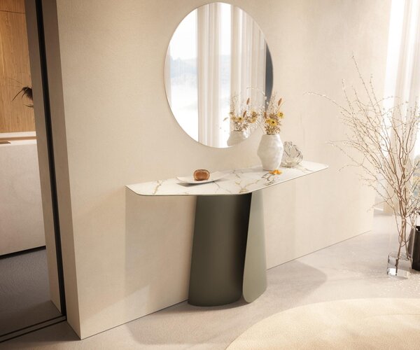 DELIFE Konzolový stůl Edge polygonální 140×50 cm keramika Calacatta Luxe bílá zlatá šedá Livos kov titanová barva