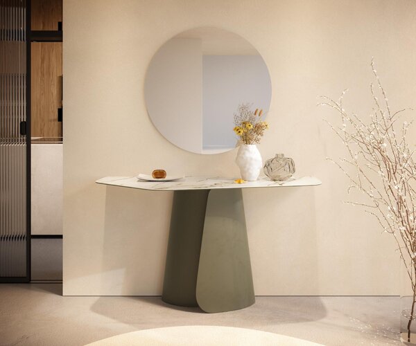 DELIFE Konzolový stůl Edge polygonální 140×50 cm keramika Calacatta Luxe bílá zlatá šedá Livos kov titanová barva