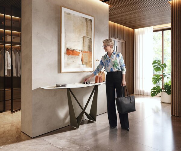DELIFE Konzolový stůl Edge polygonální 180×50 cm keramika Calacatta Luxe bílá zlatá šedá Spios kov titanová barva