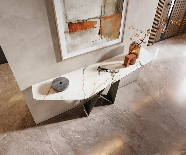 DELIFE Konzolový stůl Edge polygonální 180×50 cm keramika Calacatta Luxe bílá zlatá šedá Spios kov titanová barva