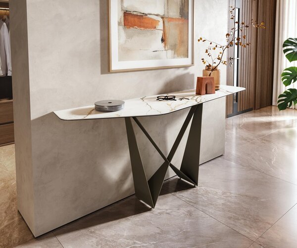 DELIFE Konzolový stůl Edge polygonální 180×50 cm keramika Calacatta Luxe bílá zlatá šedá Spios kov titanová barva
