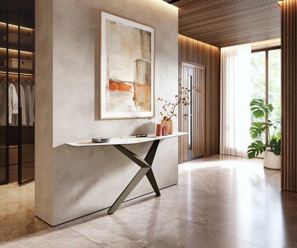 DELIFE Konzolový stůl Edge polygonální 180×50 cm keramika Calacatta Luxe bílá zlatá šedá Zentharo kov titanová barva