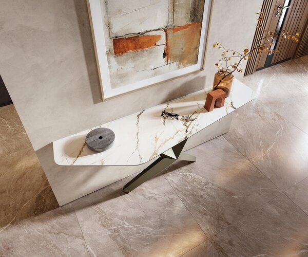 DELIFE Konzolový stůl Edge polygonální 180×50 cm keramika Calacatta Luxe bílá zlatá šedá Zentharo kov titanová barva