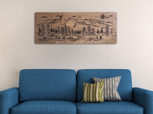 "Chata v horách" světelný obraz 230V 130x50cm provedení povrchu: dub