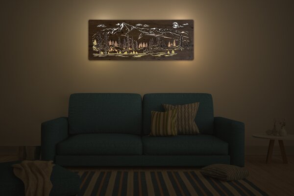"Chata v horách" světelný obraz s baterií a pohybovým čidlem 130x50 cm provedení povrchu: dub světlý