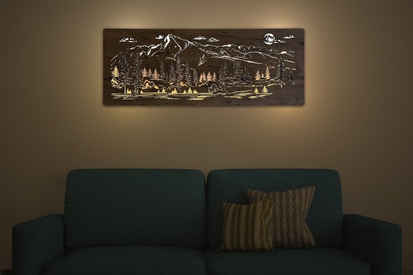 "Chata v horách" světelný obraz s baterií a pohybovým čidlem 130x50 cm provedení povrchu: dub světlý