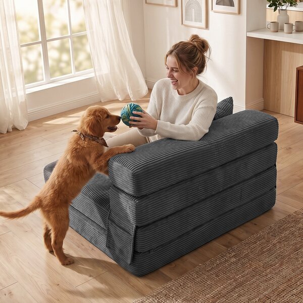 HOMCOM 2-in-1 Folding Sleeper Chair — Foldable Sofa Bed with Corduroy Upholstery, Padded Folding Mattress, Guest Floor Chair for Bedroom & Living Room