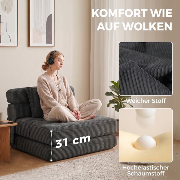 HOMCOM 2-in-1 Folding Sleeper Chair — Foldable Sofa Bed with Corduroy Upholstery, Padded Folding Mattress, Guest Floor Chair for Bedroom & Living Room