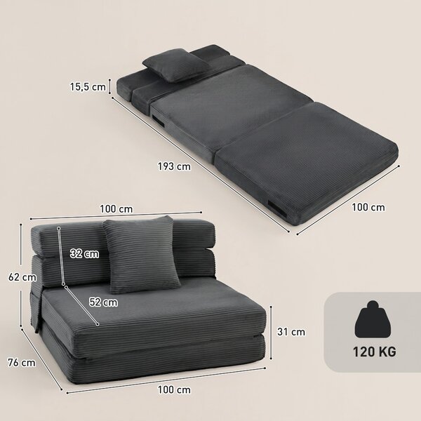 HOMCOM 2-in-1 Folding Sleeper Chair — Foldable Sofa Bed with Corduroy Upholstery, Padded Folding Mattress, Guest Floor Chair for Bedroom & Living Room