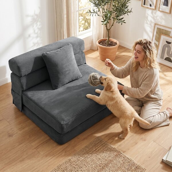 HOMCOM 2-in-1 Folding Sleeper Chair — Foldable Sofa Bed with Corduroy Upholstery, Padded Folding Mattress, Guest Floor Chair for Bedroom & Living Room