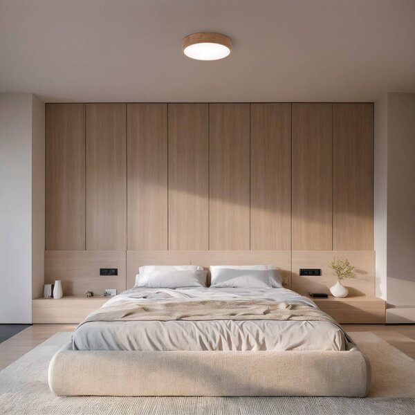 TEMAR LIGHTING Stropní světlo Cleo DR475, IP54, Ø 47,5 cm, dubové dřevo, E27, stmívatelný, Světlé dřevo, Koupelna, Dřevo