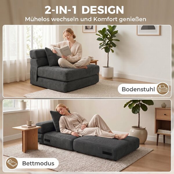 HOMCOM 2-in-1 Folding Sleeper Chair — Foldable Sofa Bed with Corduroy Upholstery, Padded Folding Mattress, Guest Floor Chair for Bedroom & Living Room