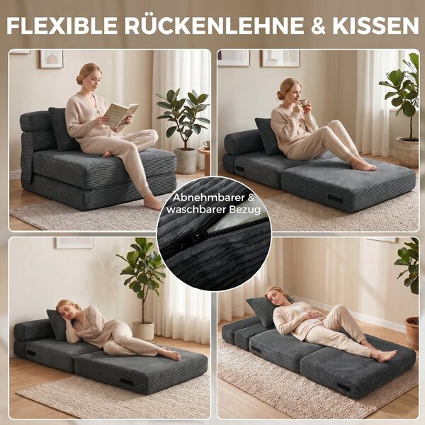 HOMCOM 2-in-1 Folding Sleeper Chair — Foldable Sofa Bed with Corduroy Upholstery, Padded Folding Mattress, Guest Floor Chair for Bedroom & Living Room