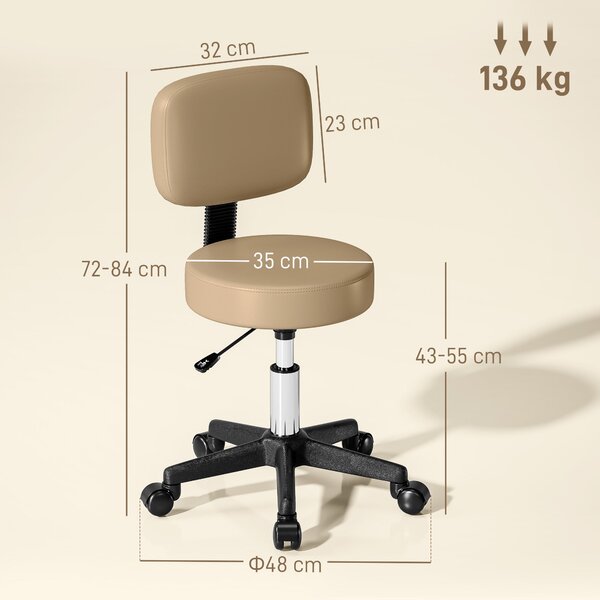 HOMCOM Rolling Stool with Backrest, Height Adjustable (72–84 cm / 28.3–33.1 in), 360° Swivel Office/Salon/Massage Stool – Light Brown | Aosom